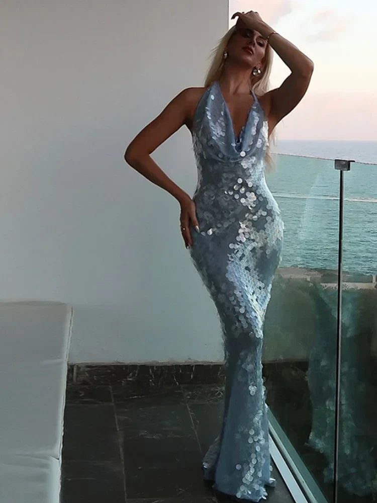 Sexy Glitter Sequinned Women's Backless Maxi Chic Halter Party Dress