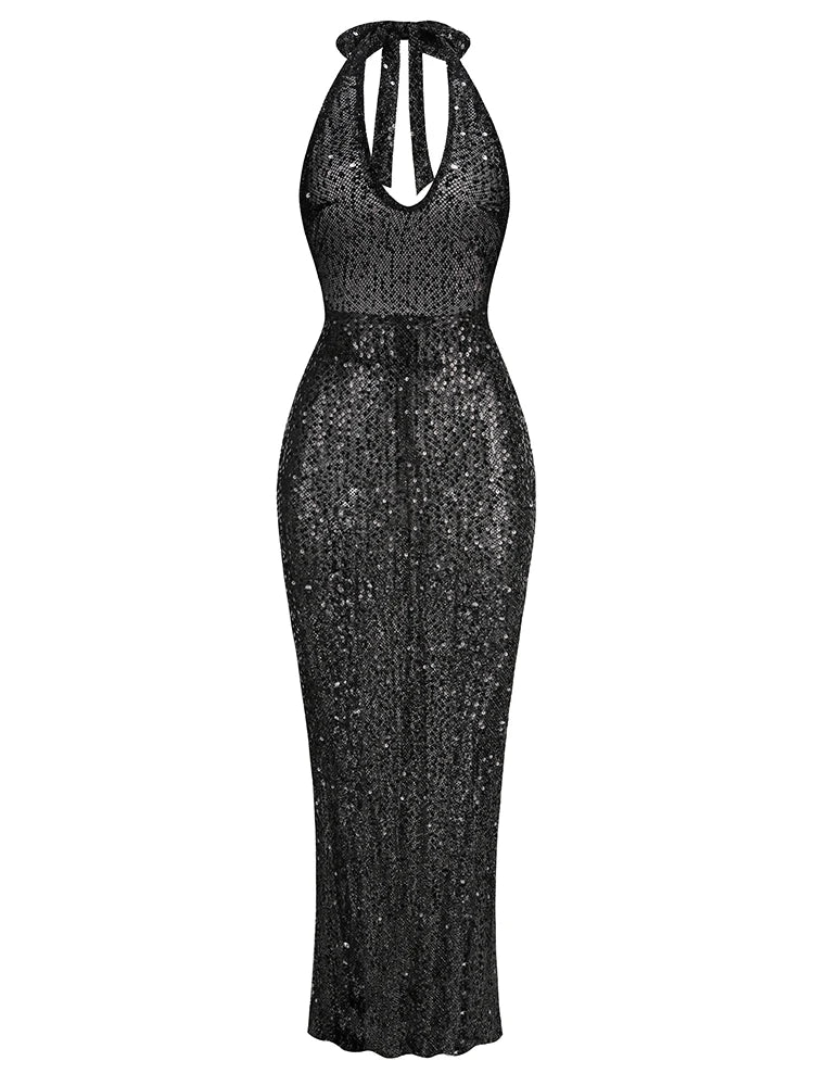 Sexy Halter Neck Lace-up Sparkly Sequins Silver Black Backless Party Dress