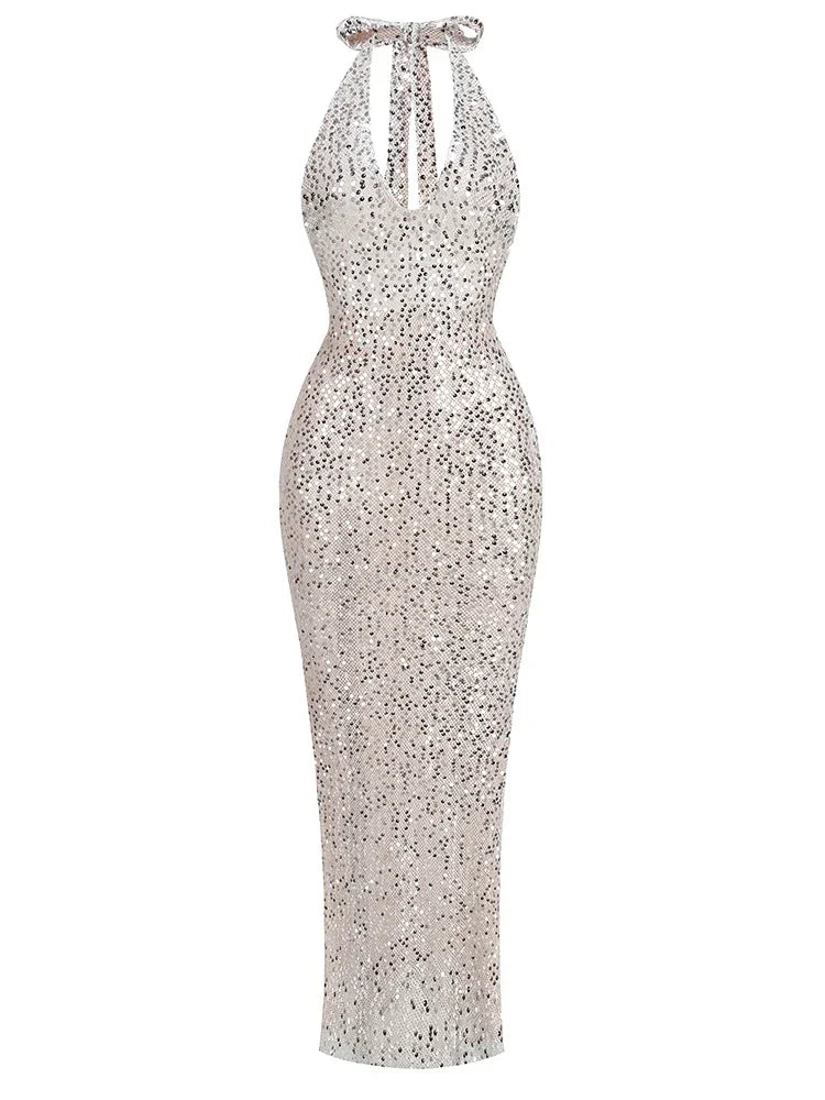 Sexy Halter Neck Lace-up Sparkly Sequins Silver Black Backless Party Dress