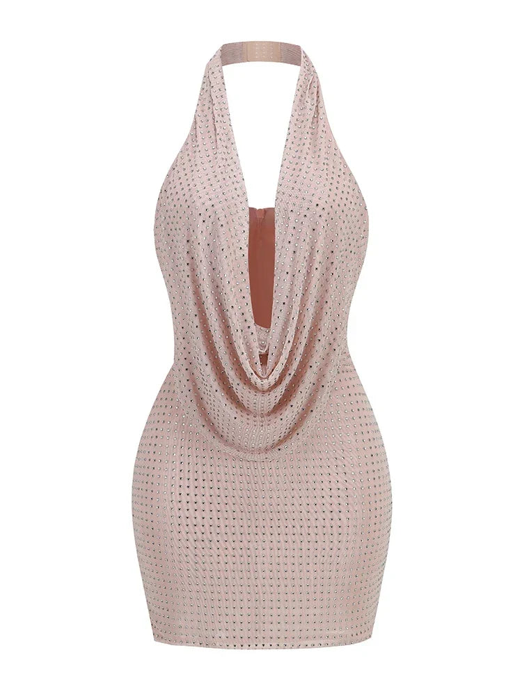 Sexy Halter Neck Low Cut Diamonds Mini Nude Party Dress