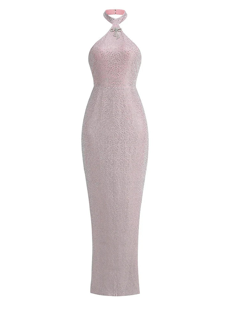 Sexy Halter Neck Shiny Diamonds Bow Maxi Dress Backless Party Dress