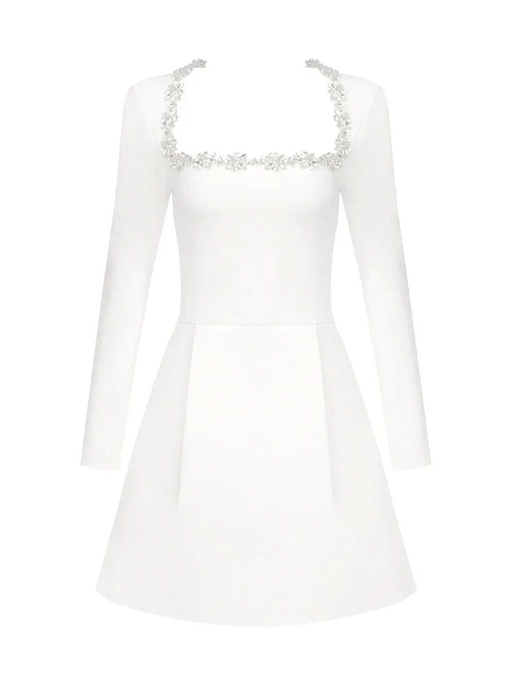Sexy Long Sleeves Square Collar Crystal A-Line Slim Dress Elegant Party Dress