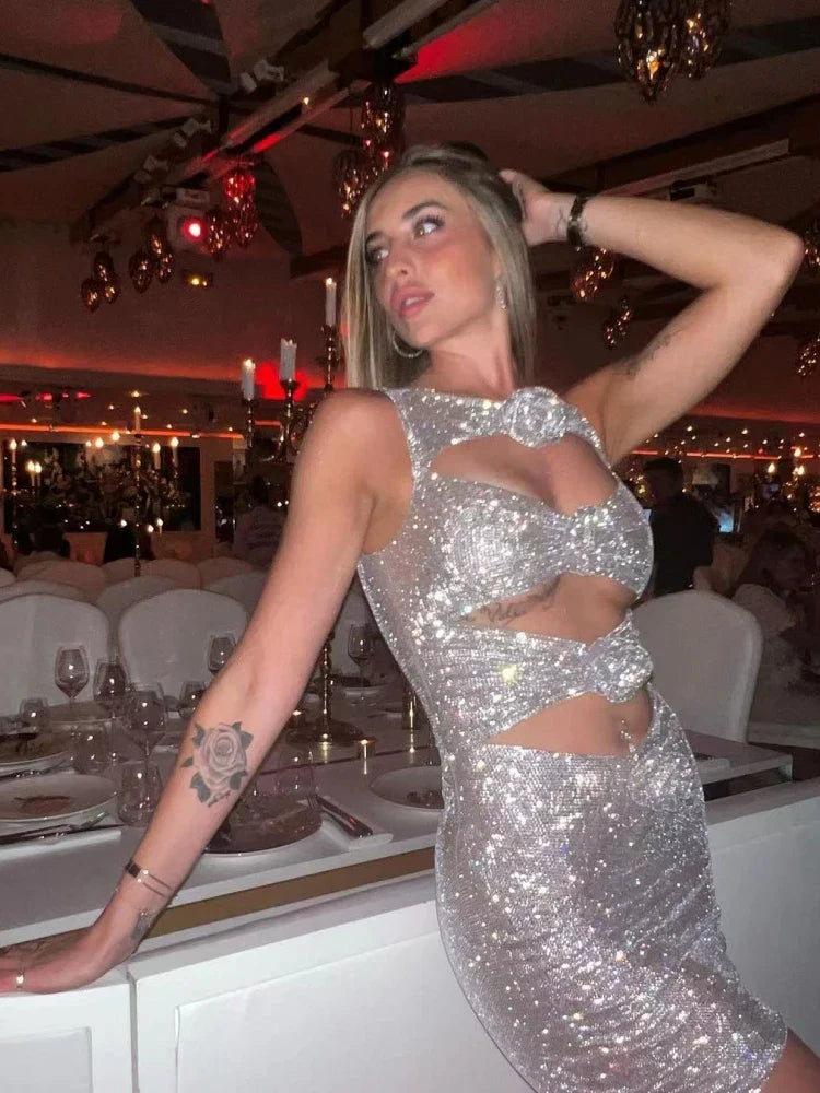 Sexy Luxury Diamonds 3D Flowers Mini Dress Sleeveless Cut Out Sparkly Party Dress