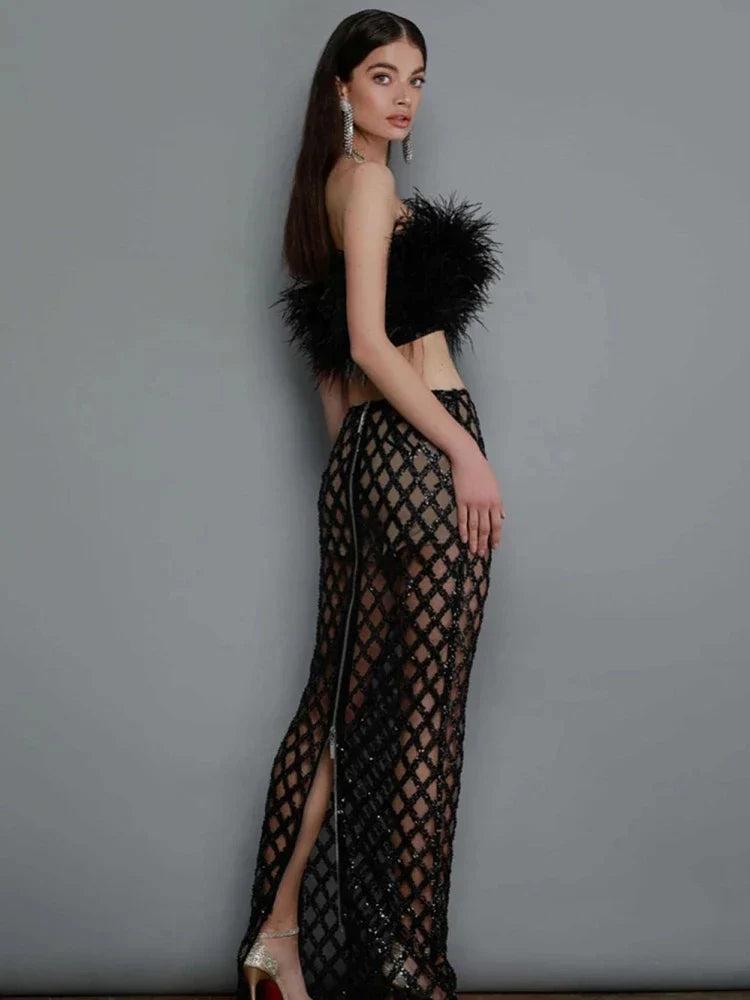 Sexy Luxury Sequins Feather Strapless Top Skirt Two Piece Set Party Dress