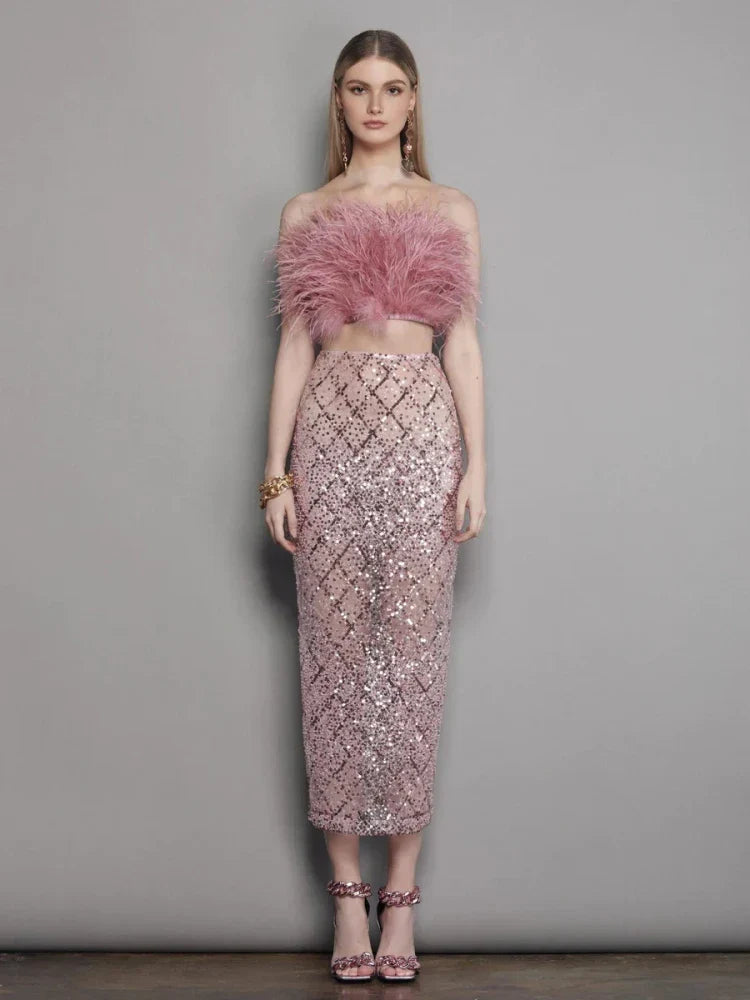Sexy Luxury Sequins Feather Strapless Top Skirt Two Piece Set Party Dress