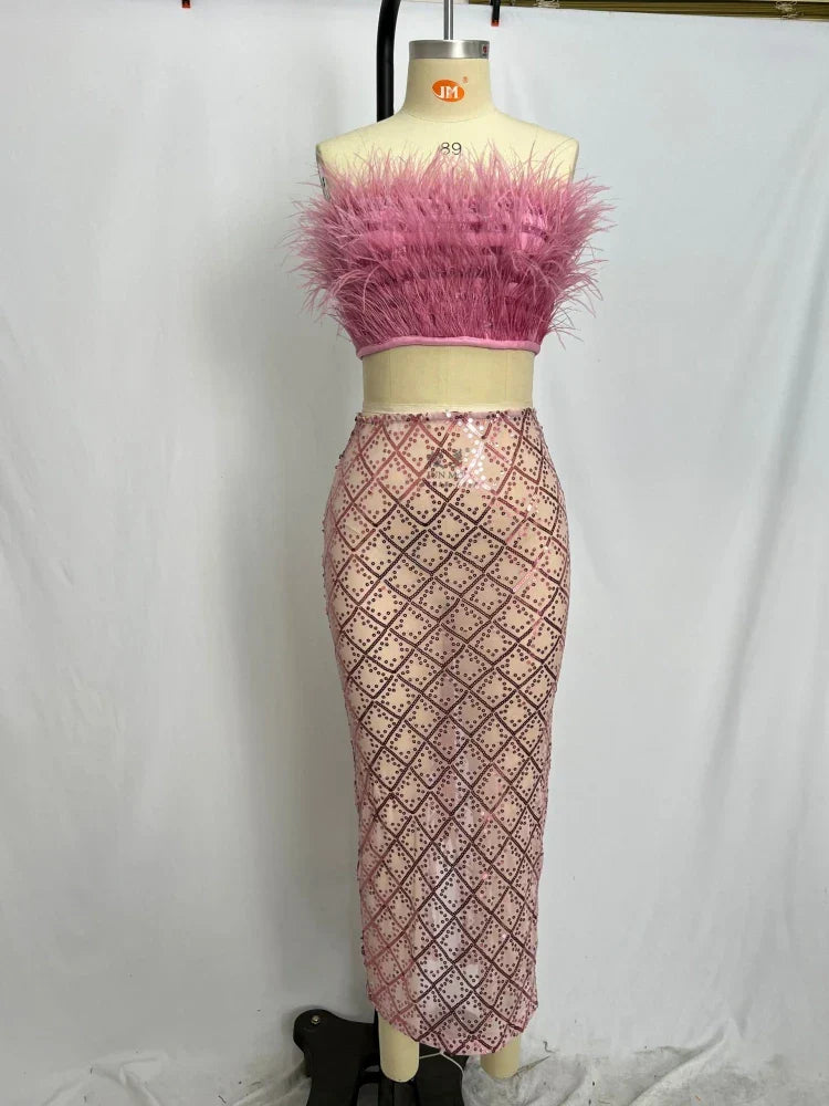 Sexy Luxury Sequins Feather Strapless Top Skirt Two Piece Set Party Dress