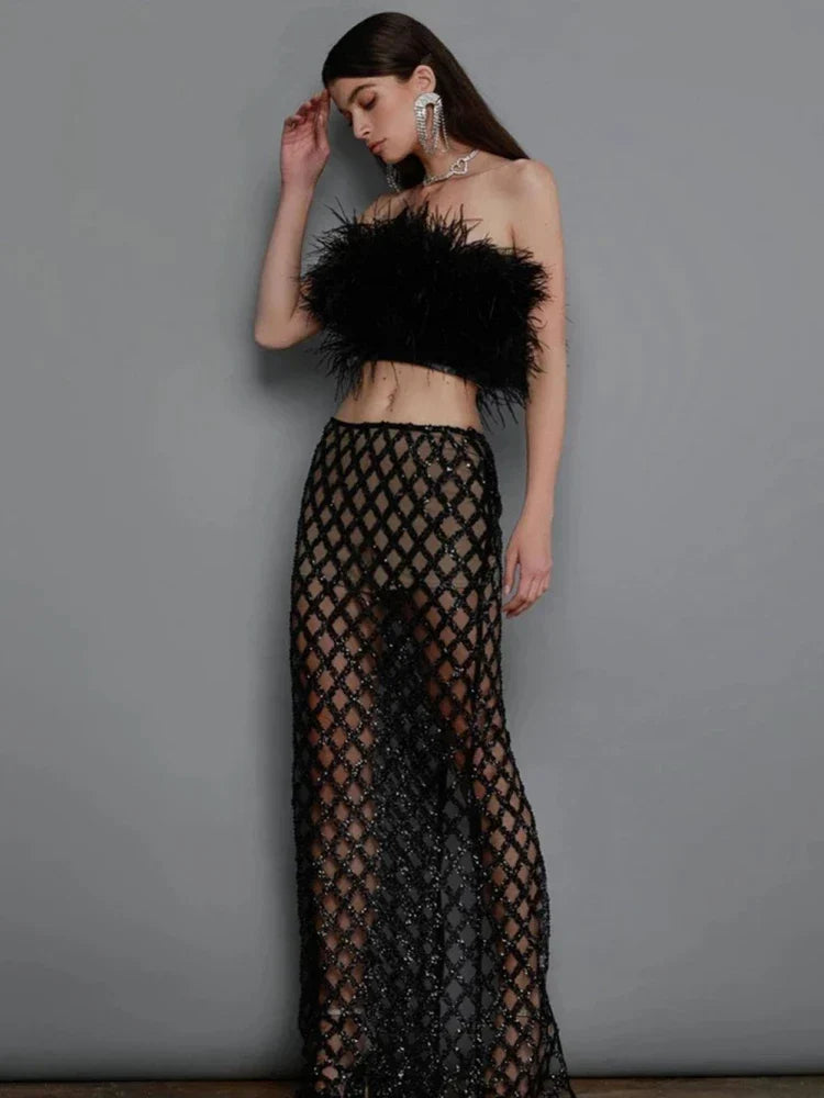 Sexy Luxury Sequins Feather Strapless Top Skirt Two Piece Set Party Dress