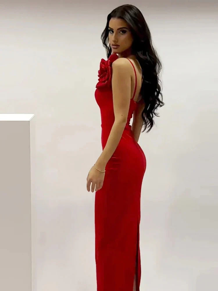 Sexy One Shoulder Diamonds Flower Patchwork Maxi Red Party Dress
