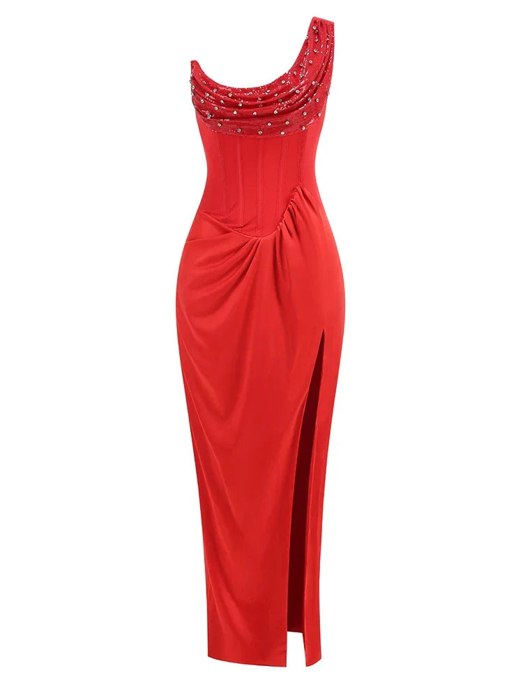 Sexy One Shoulder Embroidered Flares Slim Red Mesh Beaded Party Dress