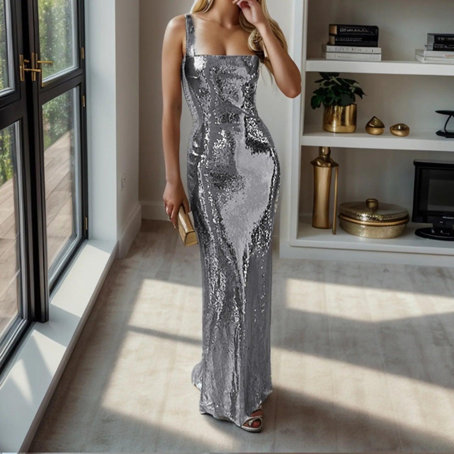 Glamorous Red Backless Sequins Sling Maxi Party Dress