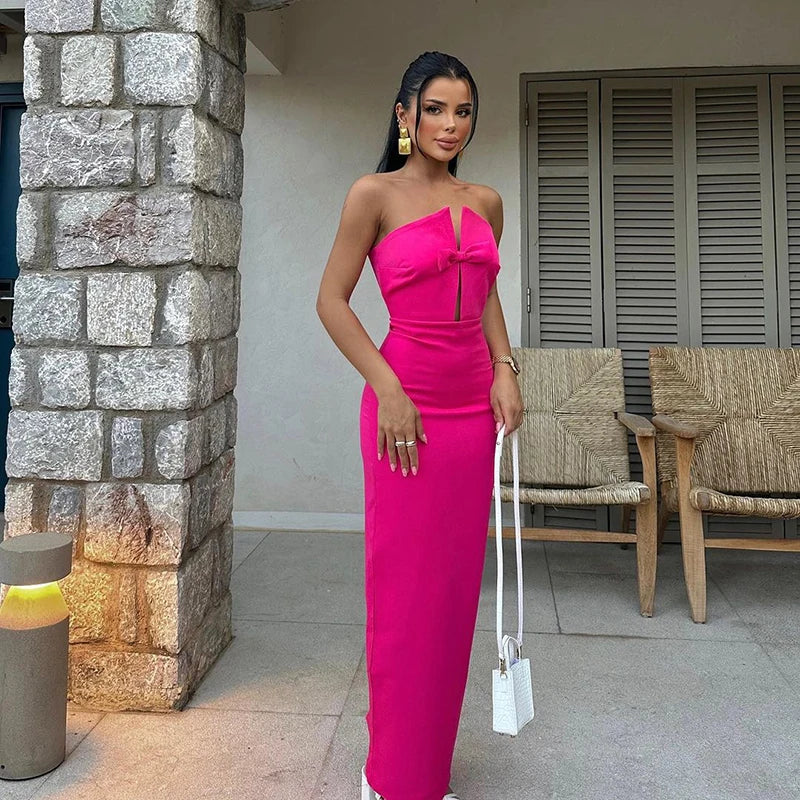 Sexy Strapless Slim Hollow Out Maxi Red Party Dress