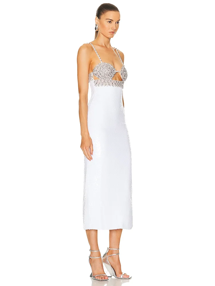 Sexy Spaghetti Strap Luxury Diamond Sequin Dress White Backless Midi Party Dress