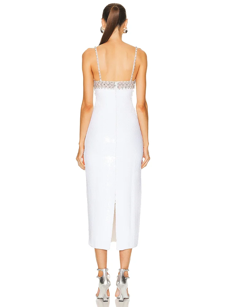 Sexy Spaghetti Strap Luxury Diamond Sequin Dress White Backless Midi Party Dress