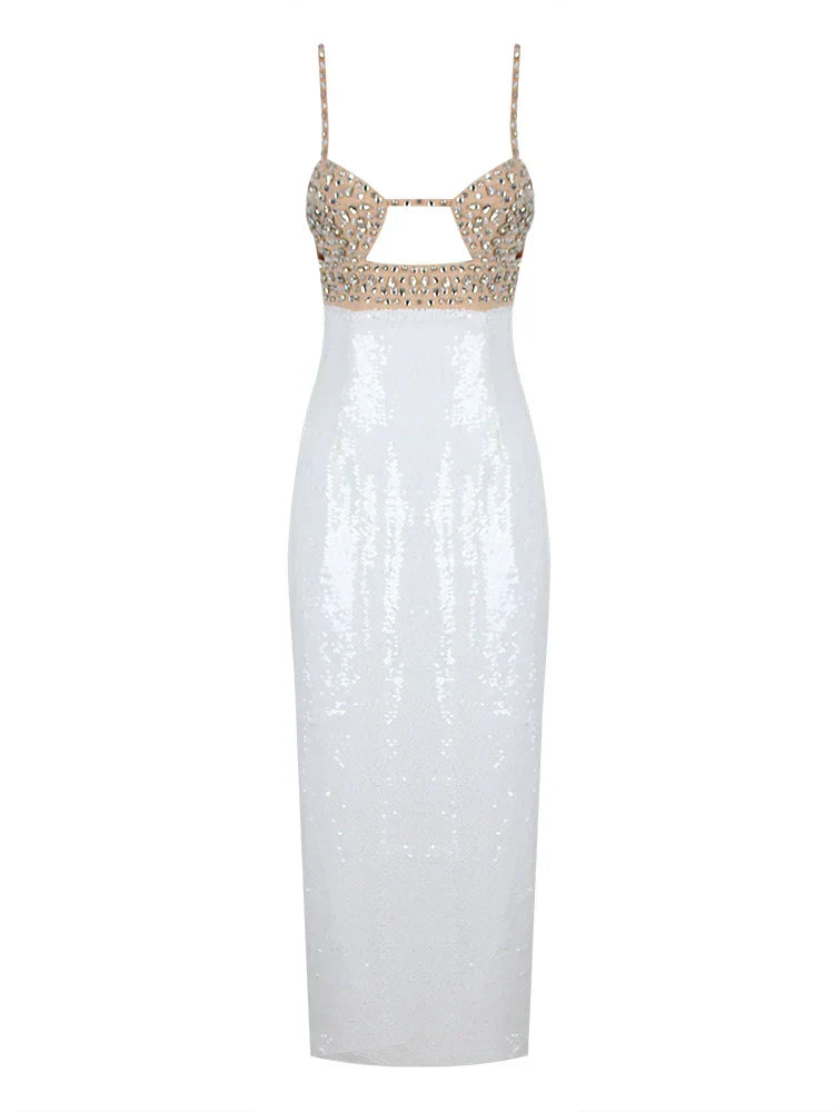 Sexy Spaghetti Strap Luxury Diamond Sequin Dress White Backless Midi Party Dress
