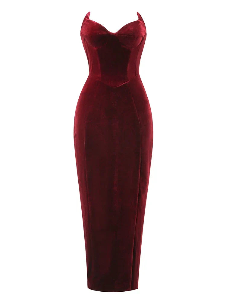 Sexy Strapless V Neck Velvet Maxi Dress Women Burgundy Black Party Dress