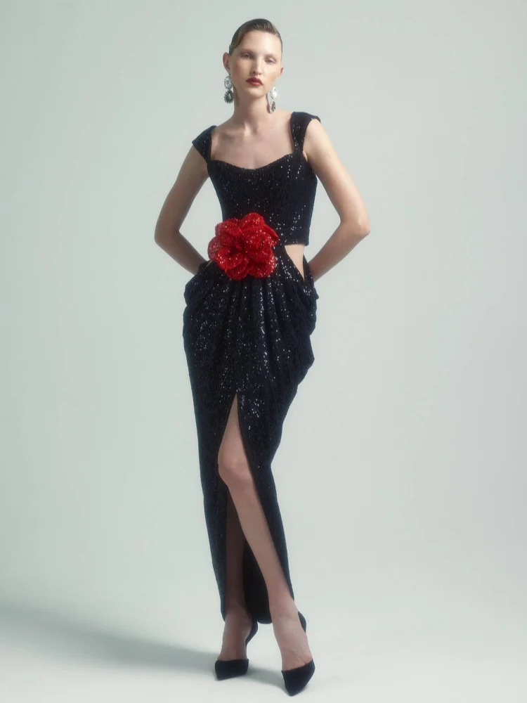Sexy Straps 3D Flower Shiny Sequins Folds Long Cutout Slim Party Dress