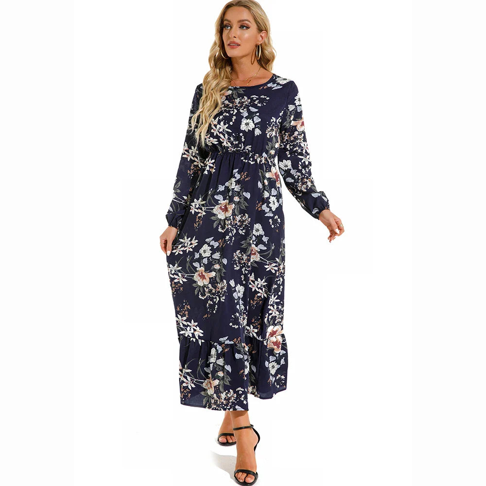 Natasha® | Women'S Bohemian Floral Chiffon Maxi Dress With Long Sleeves