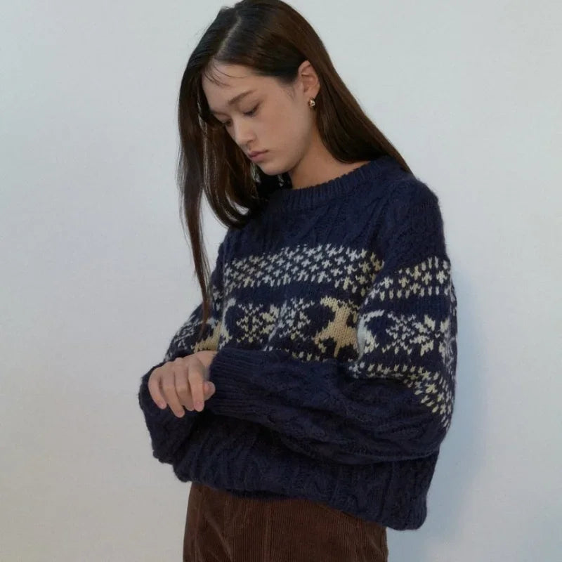 Geraldine | Christmas Patchwork Crew Neck Knitted Sweater for Women