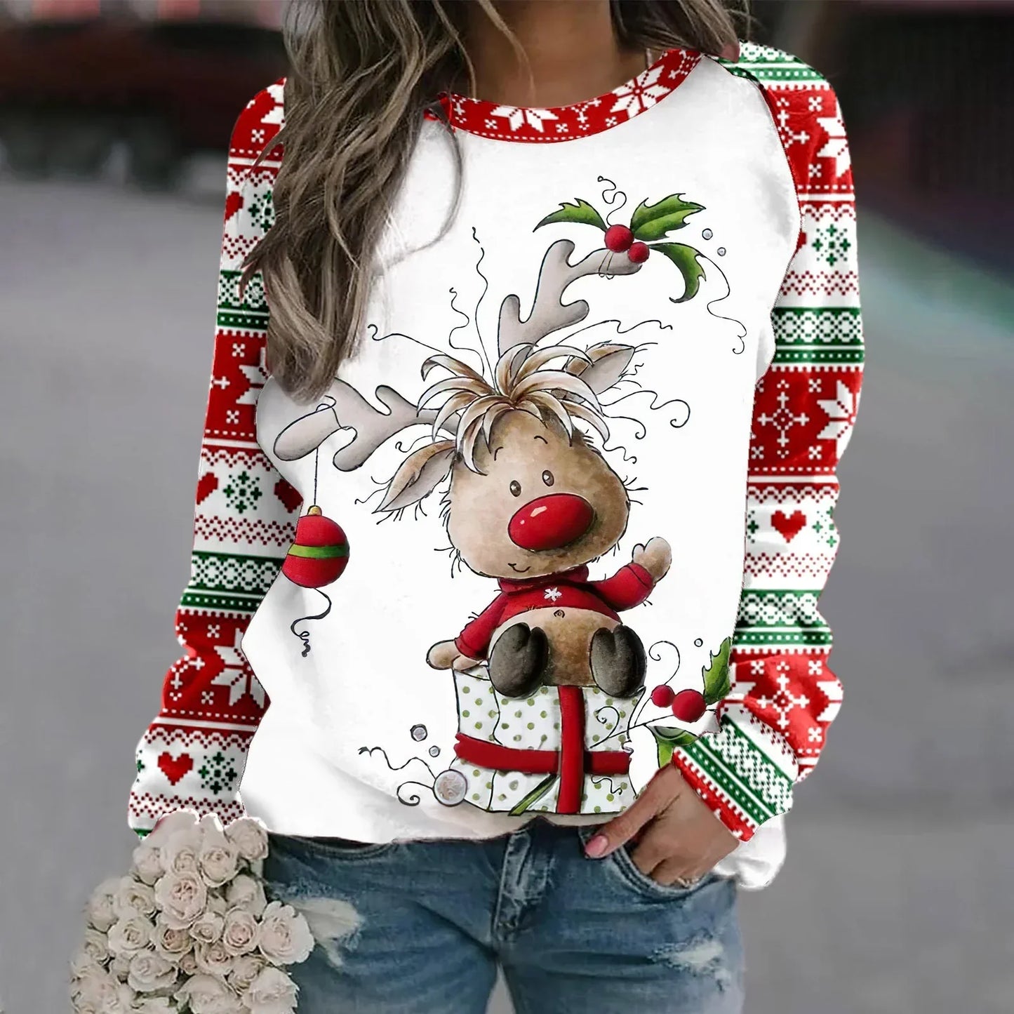 Sara | Warm 3D printed Christmas reindeer crew neck sweater for women