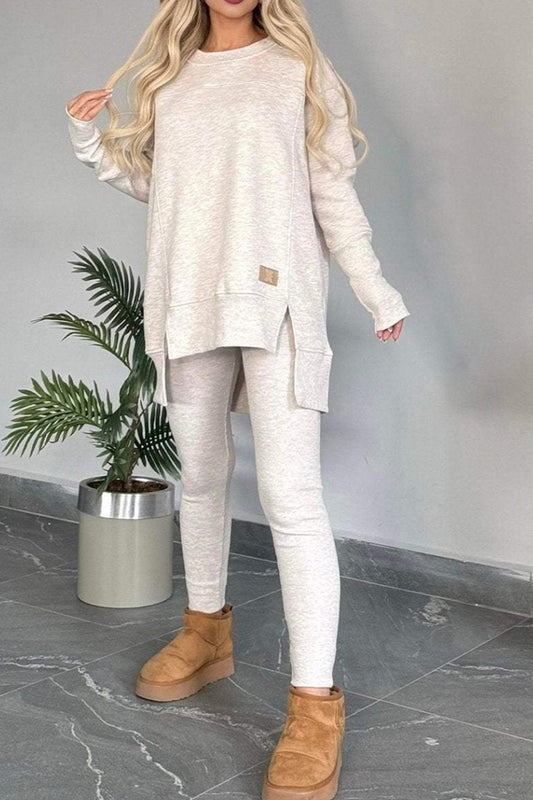 Claudia | Sweatshirt and skinny pants set with a slit and a high low hem