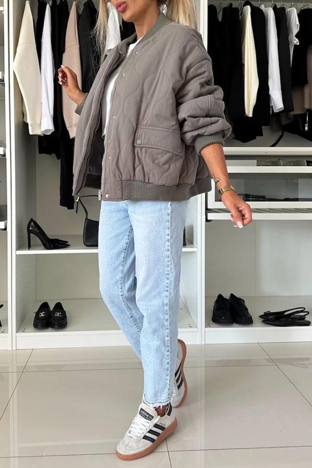 Klara | Solid color bomber jacket with button placket
