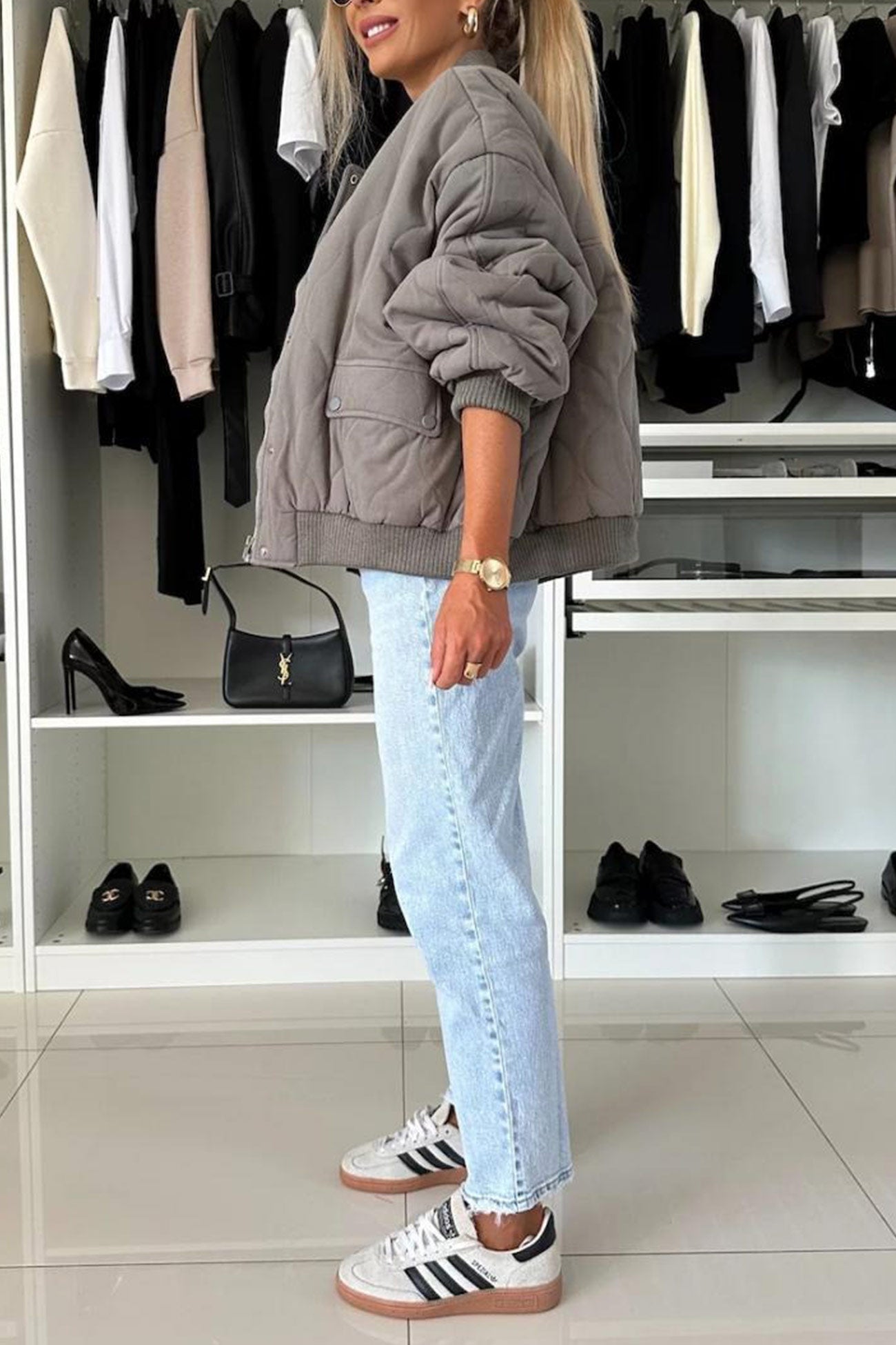Klara | Solid color bomber jacket with button placket