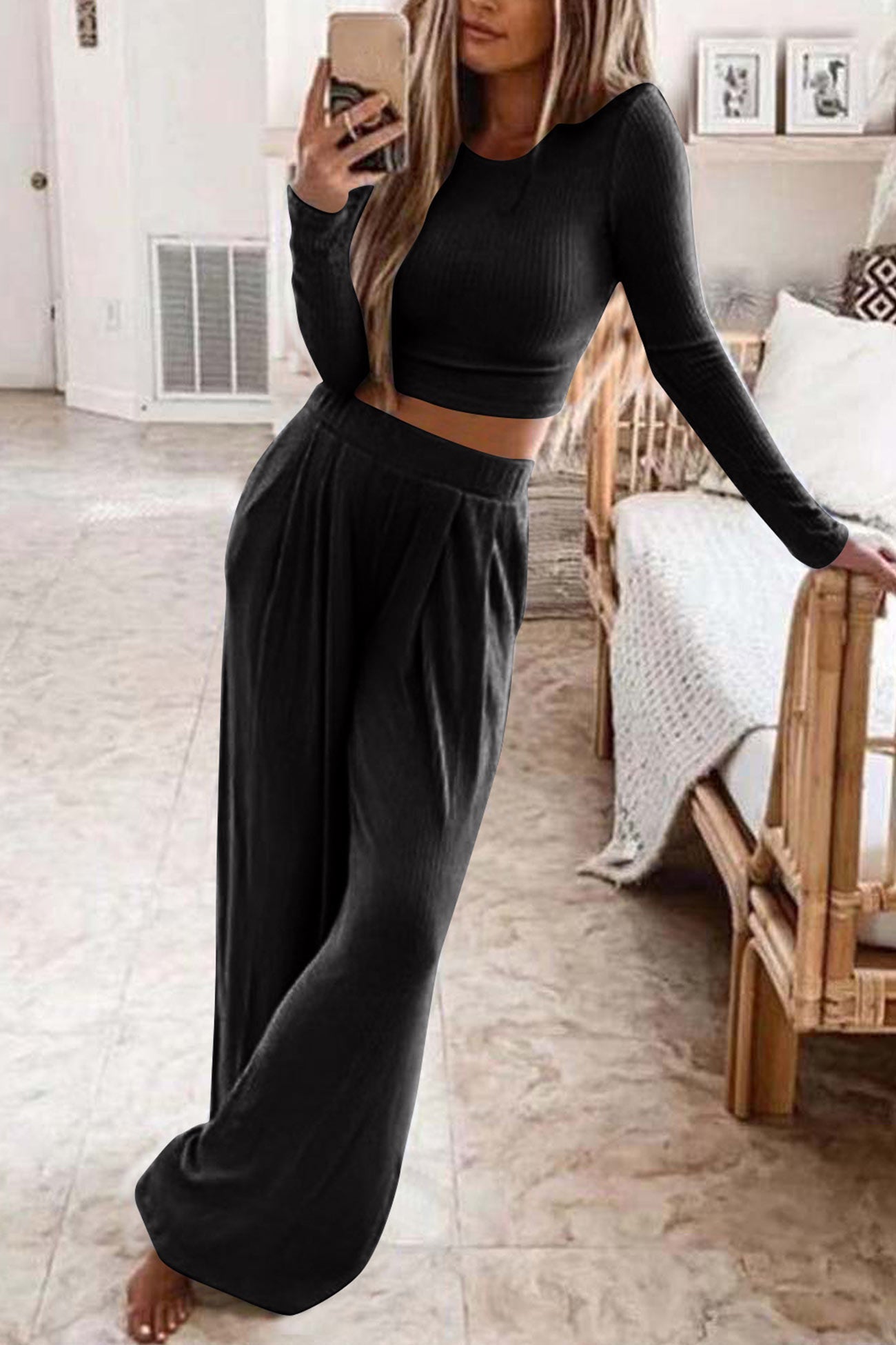 Natalia | Solid color ribbed crop top long pants set