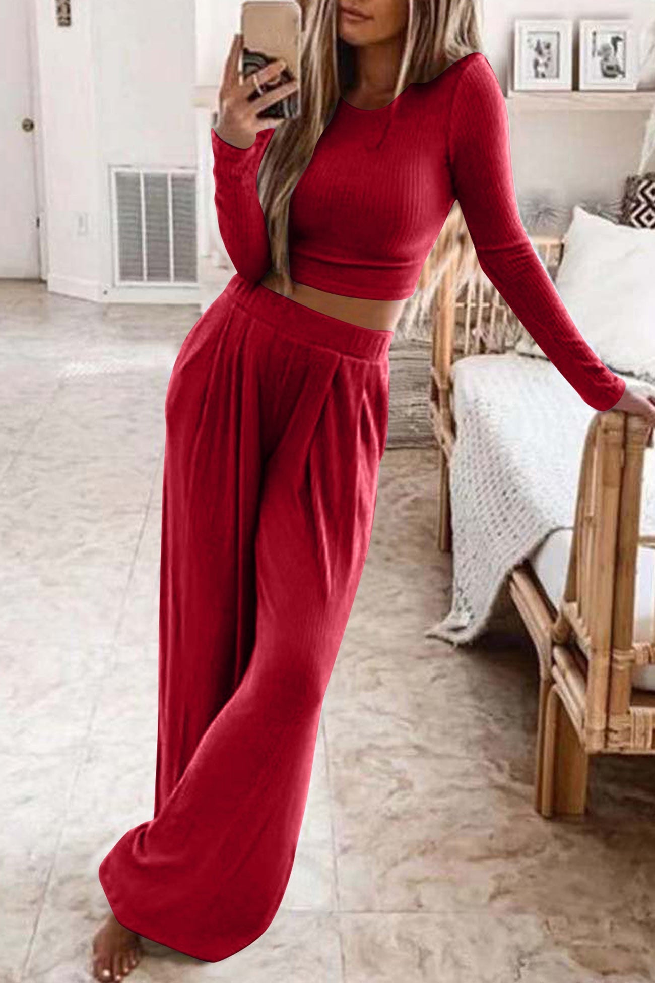 Natalia | Solid color ribbed crop top long pants set