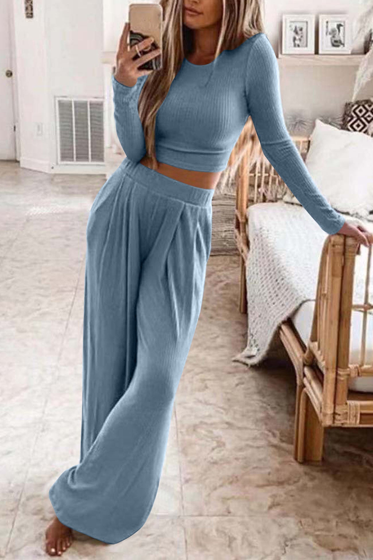 Natalia | Solid color ribbed crop top long pants set