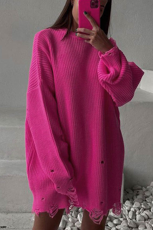 Ingrid | Solid color distressed crew neck sweater