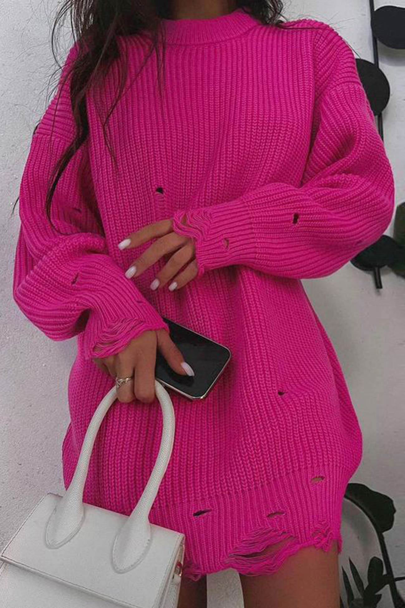 Ingrid | Solid color distressed crew neck sweater