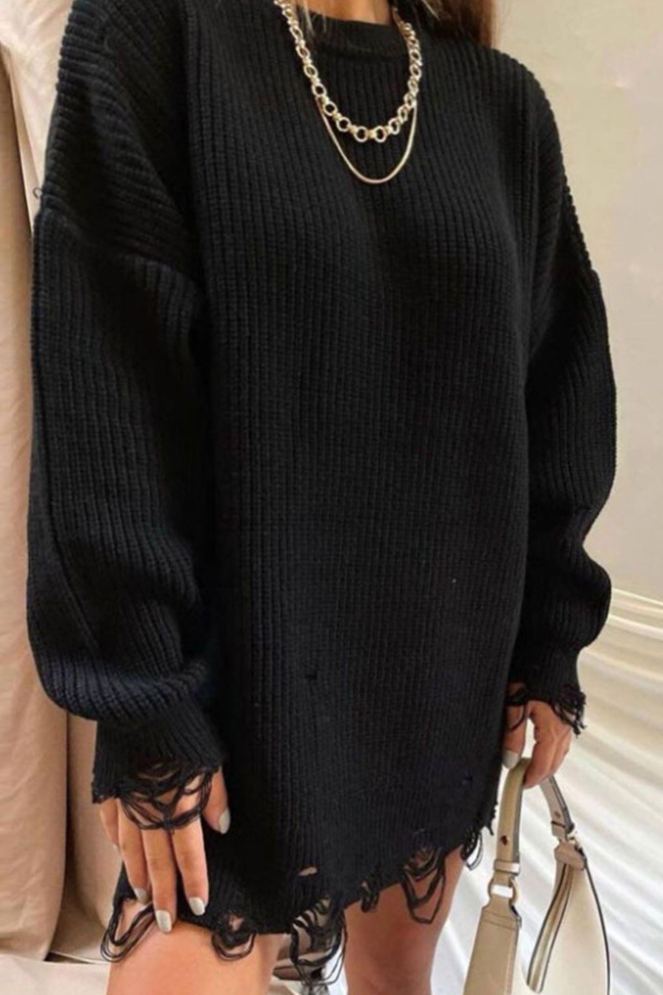 Ingrid | Solid color distressed crew neck sweater