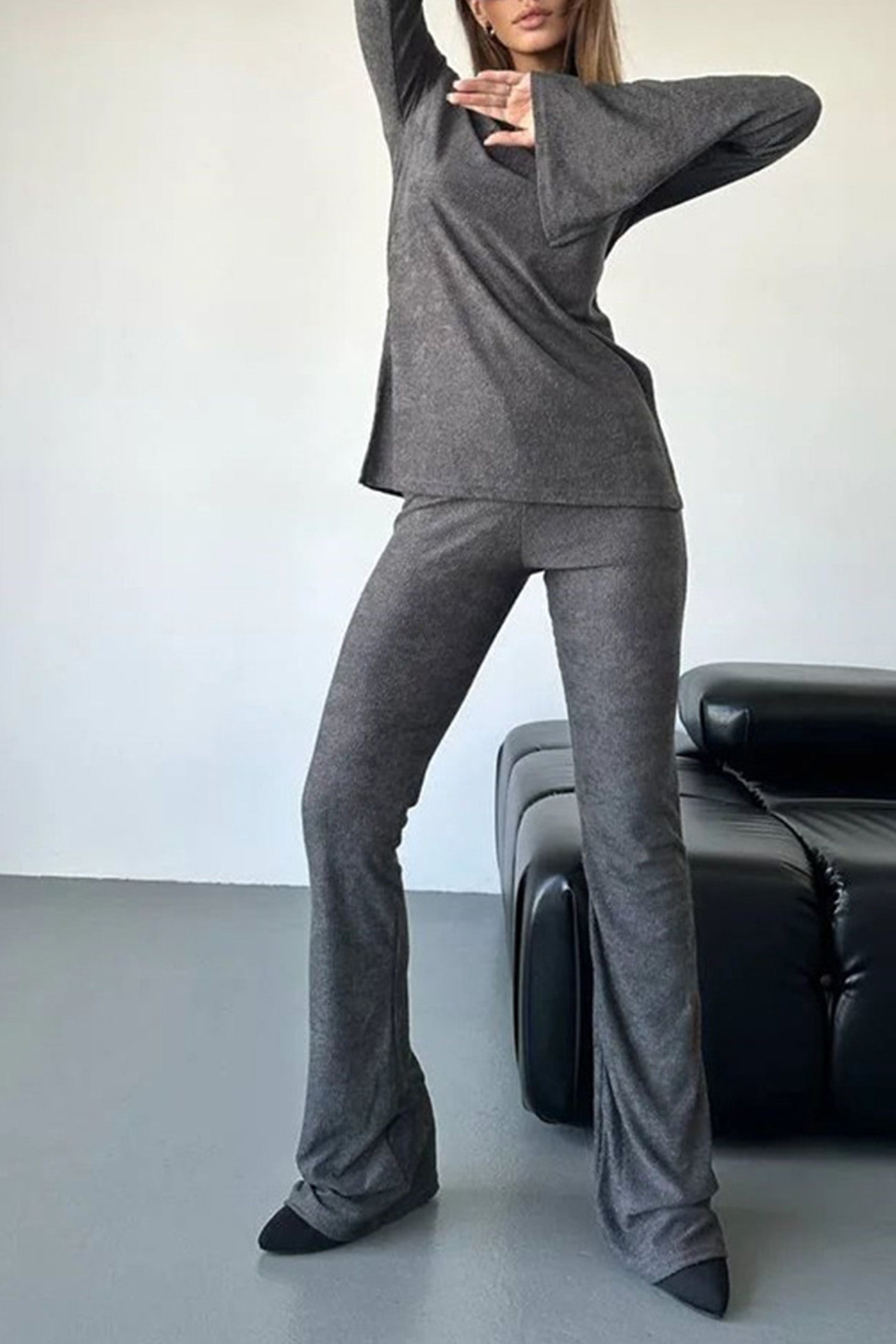 Gina | Solid set with knitted tops and long pants with flared sleeves