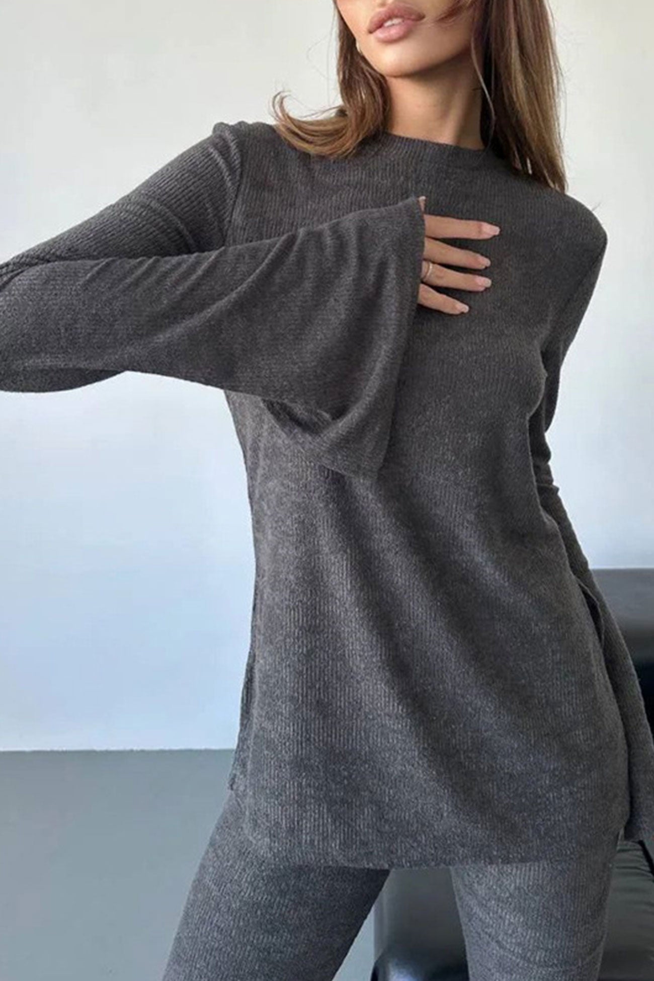 Gina | Solid set with knitted tops and long pants with flared sleeves
