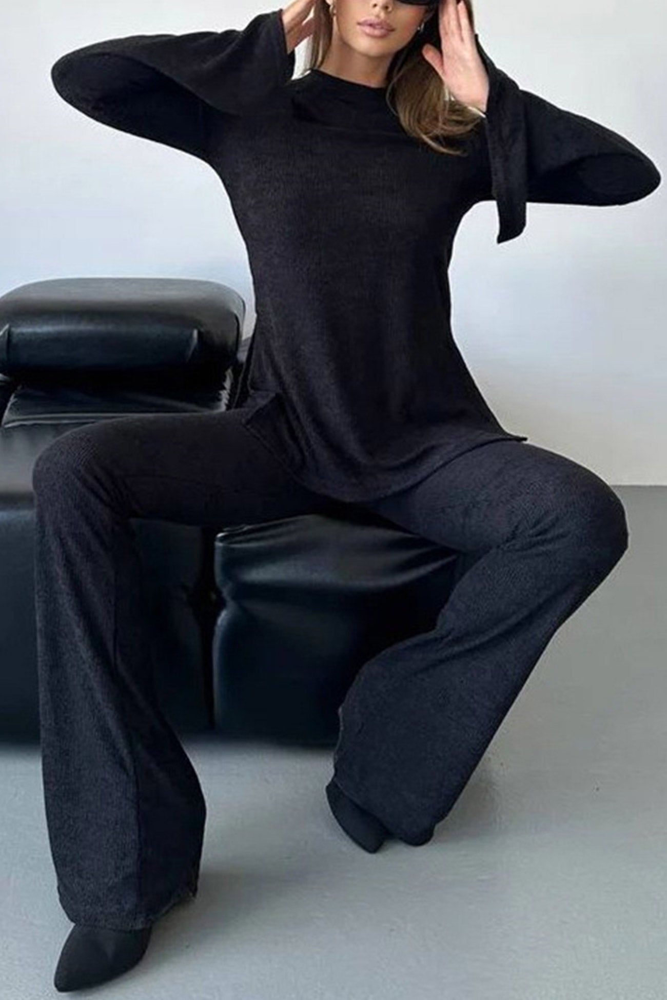 Gina | Solid set with knitted tops and long pants with flared sleeves