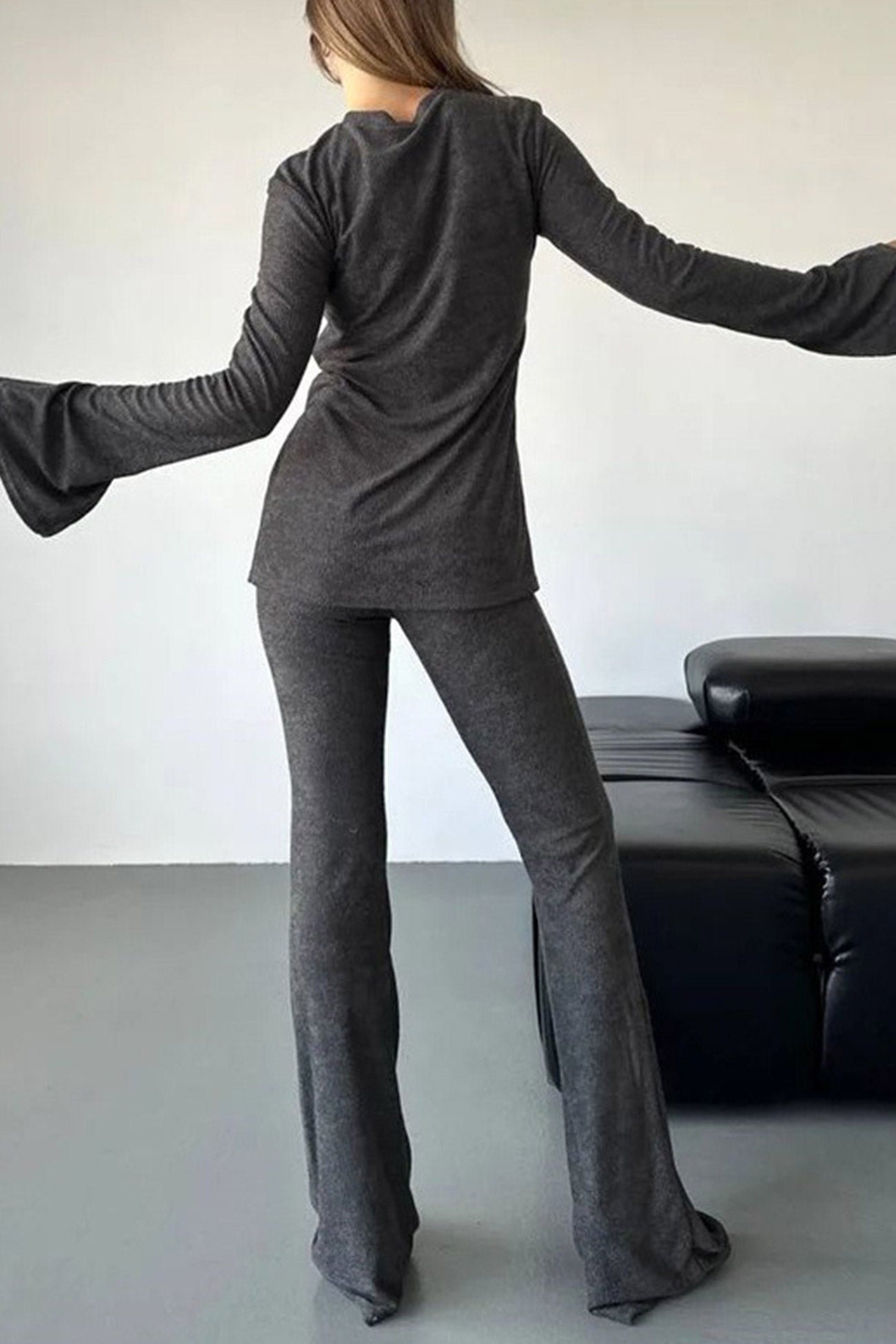 Gina | Solid set with knitted tops and long pants with flared sleeves