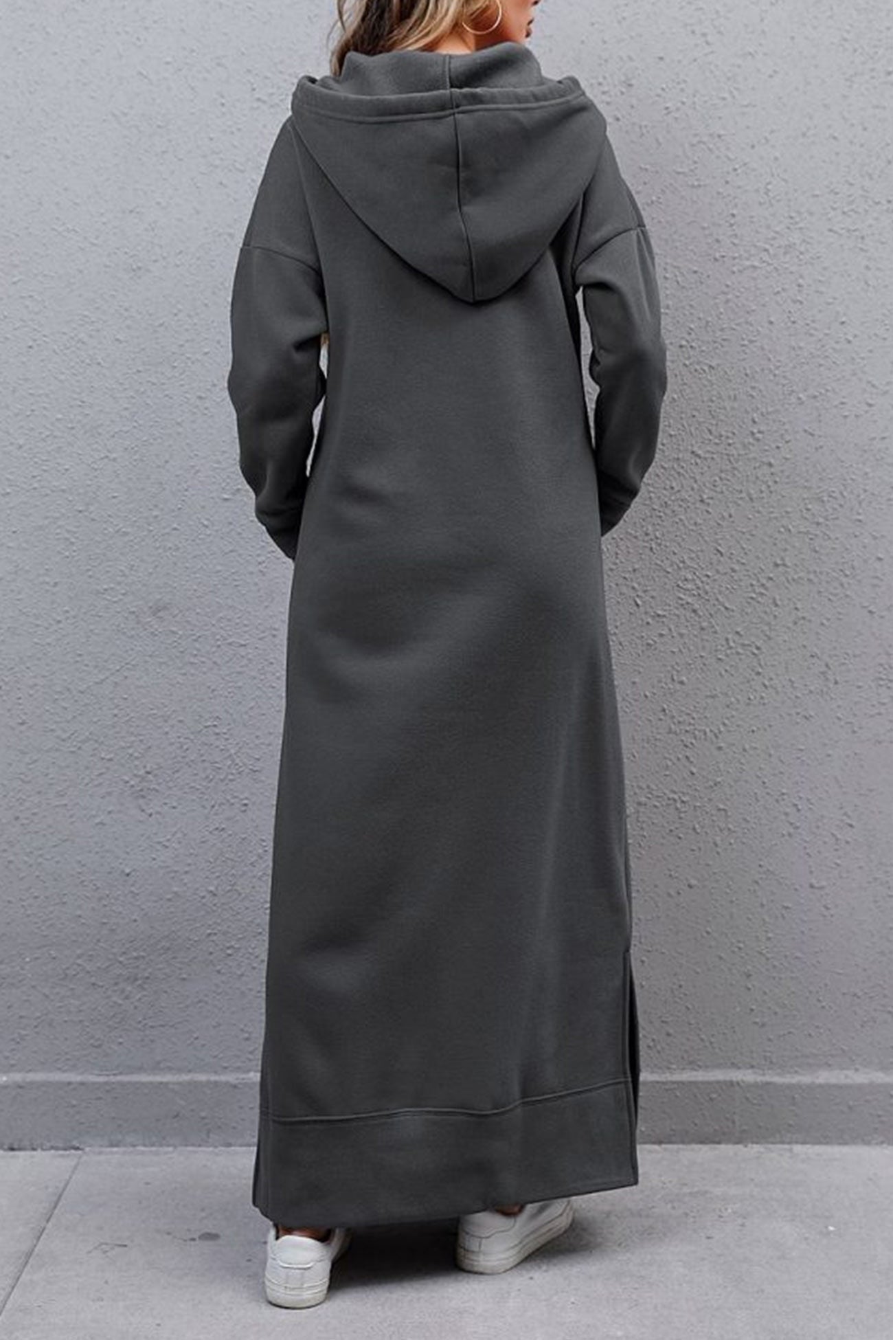 Nadia | Solid hooded dress with pockets and a slit at the hem