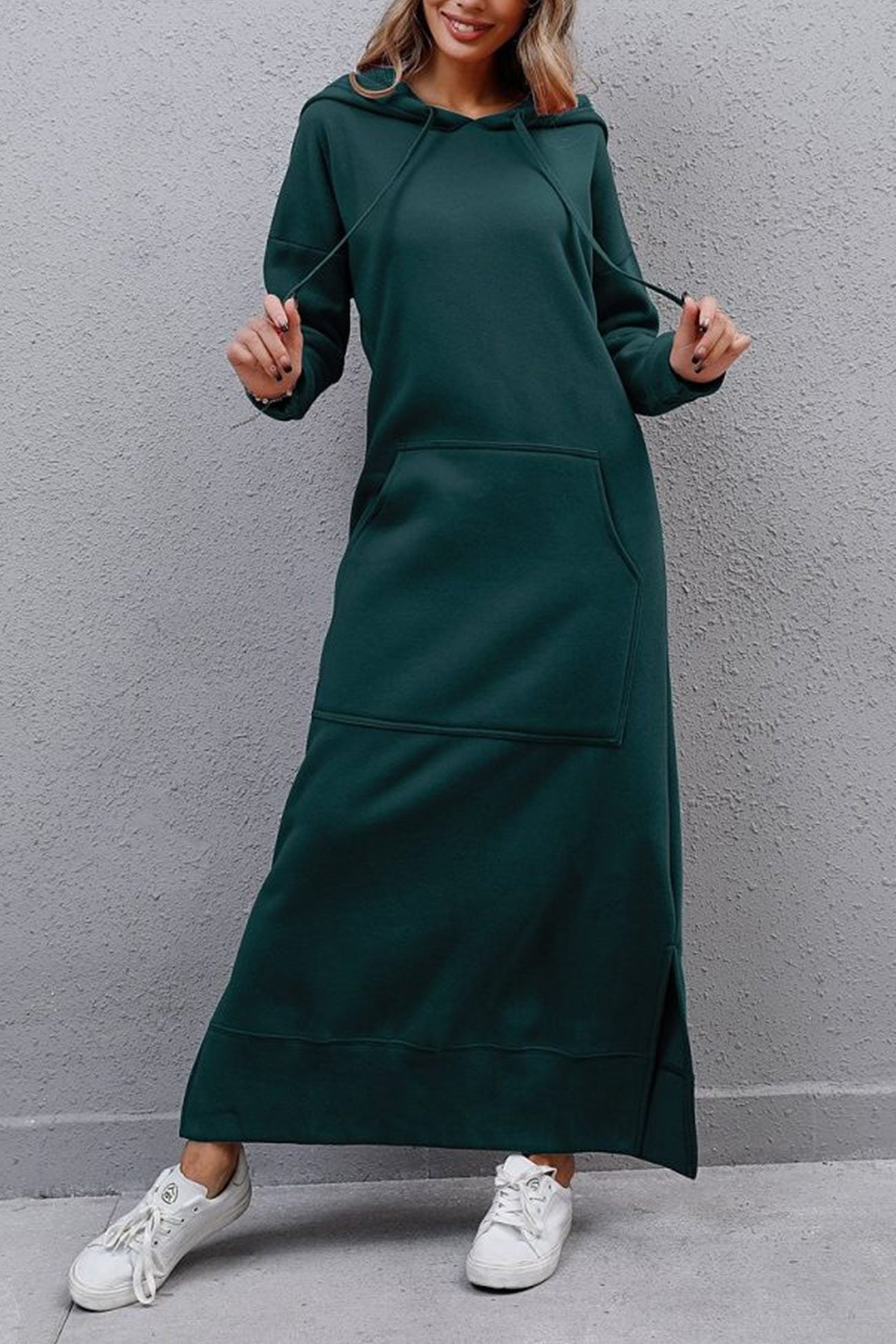 Nadia | Solid hooded dress with pockets and a slit at the hem