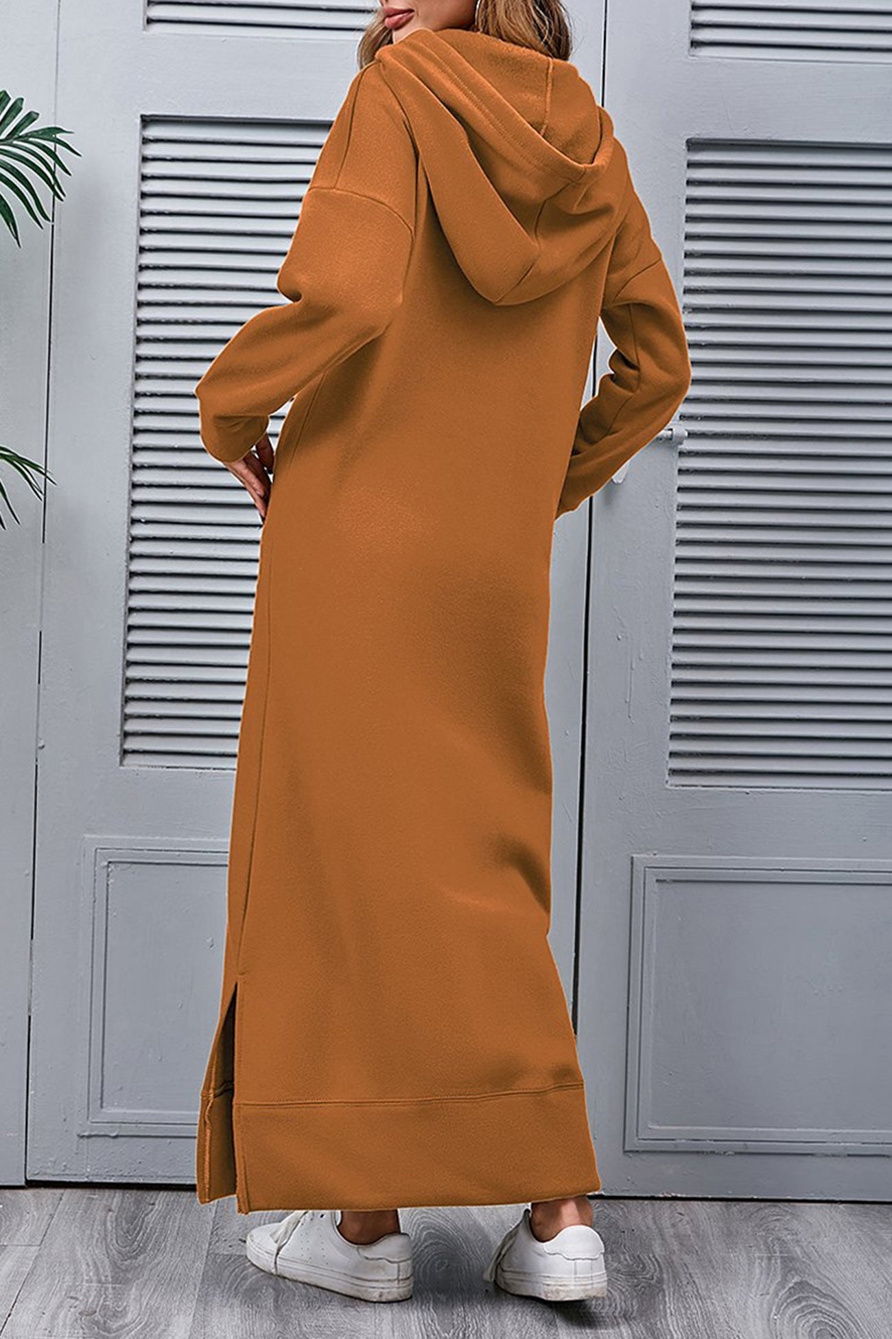 Nadia | Solid hooded dress with pockets and a slit at the hem