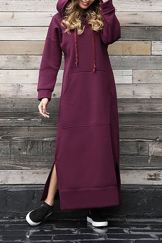 Nadia | Solid hooded dress with pockets and a slit at the hem