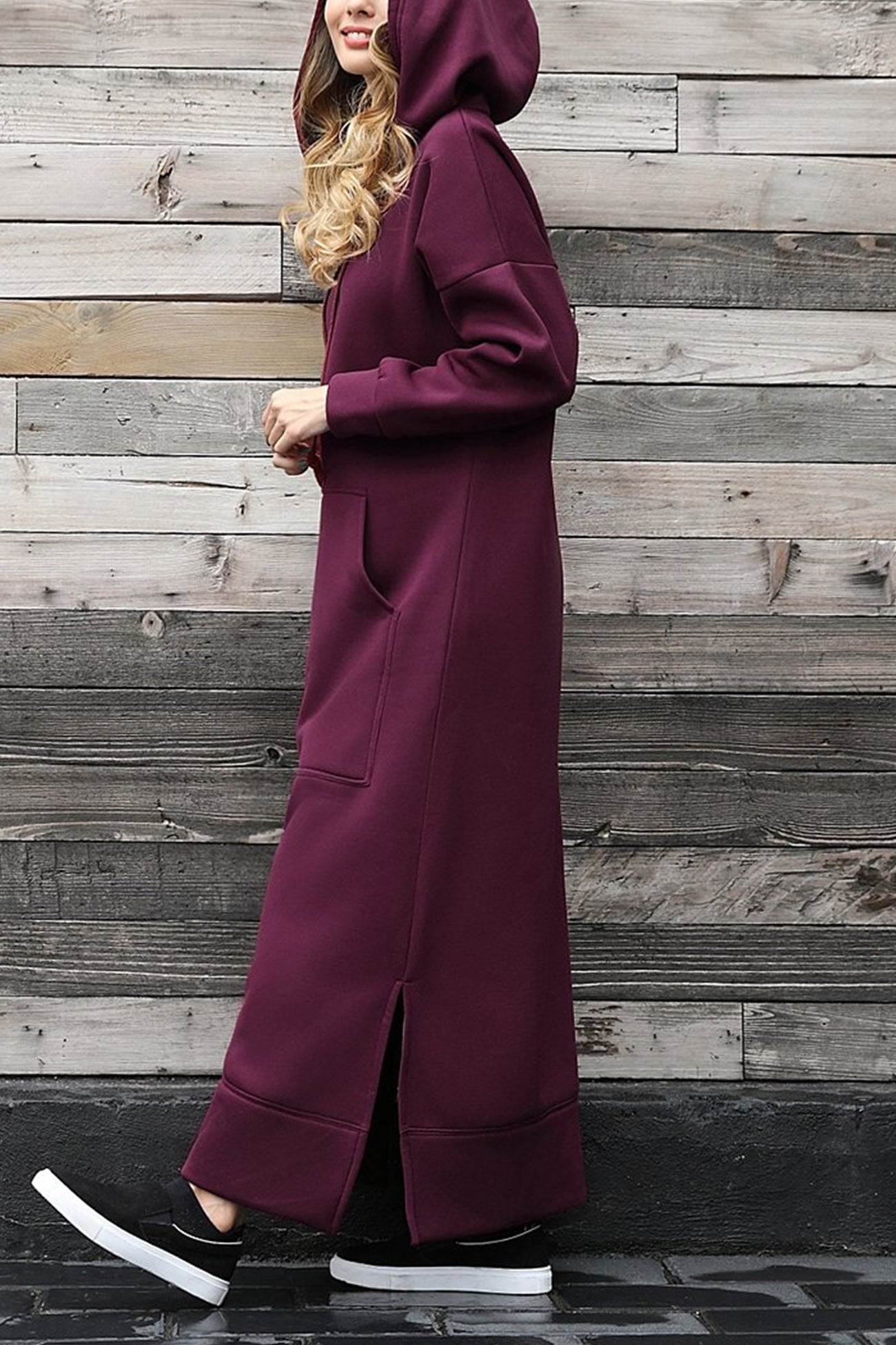 Nadia | Solid hooded dress with pockets and a slit at the hem