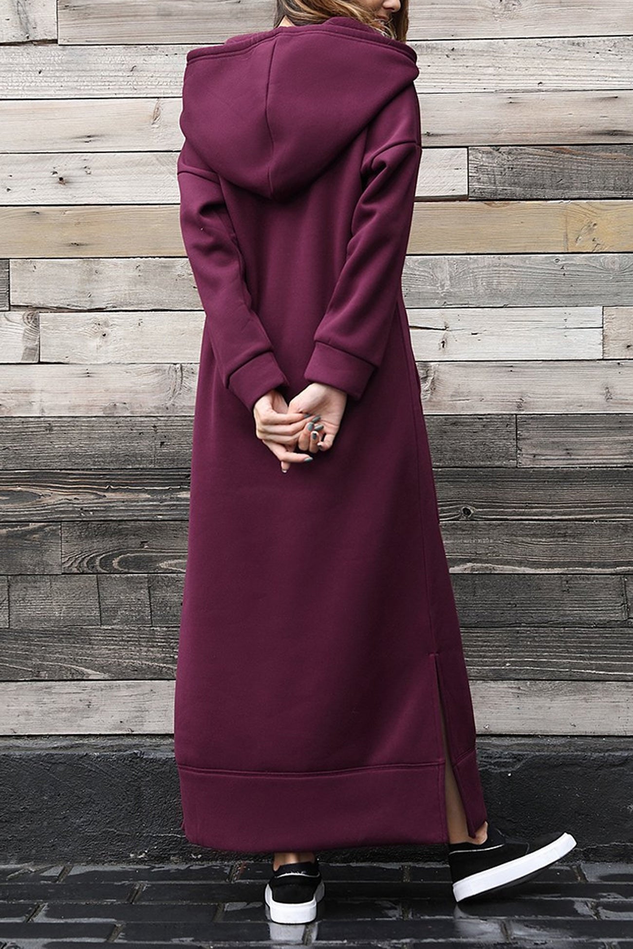 Nadia | Solid hooded dress with pockets and a slit at the hem