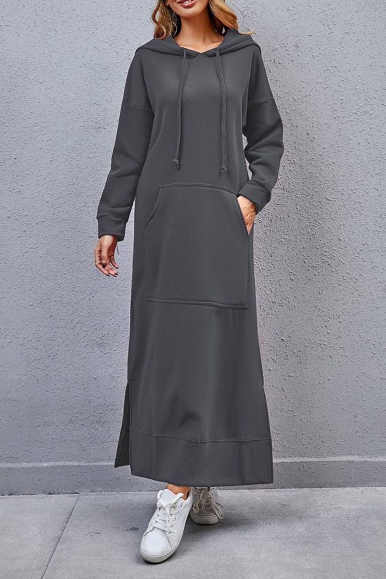 Nadia | Solid hooded dress with pockets and a slit at the hem