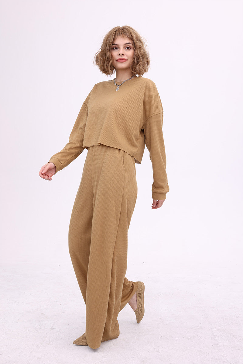 Esther | Solid color waffle sweater top and wide knit pants