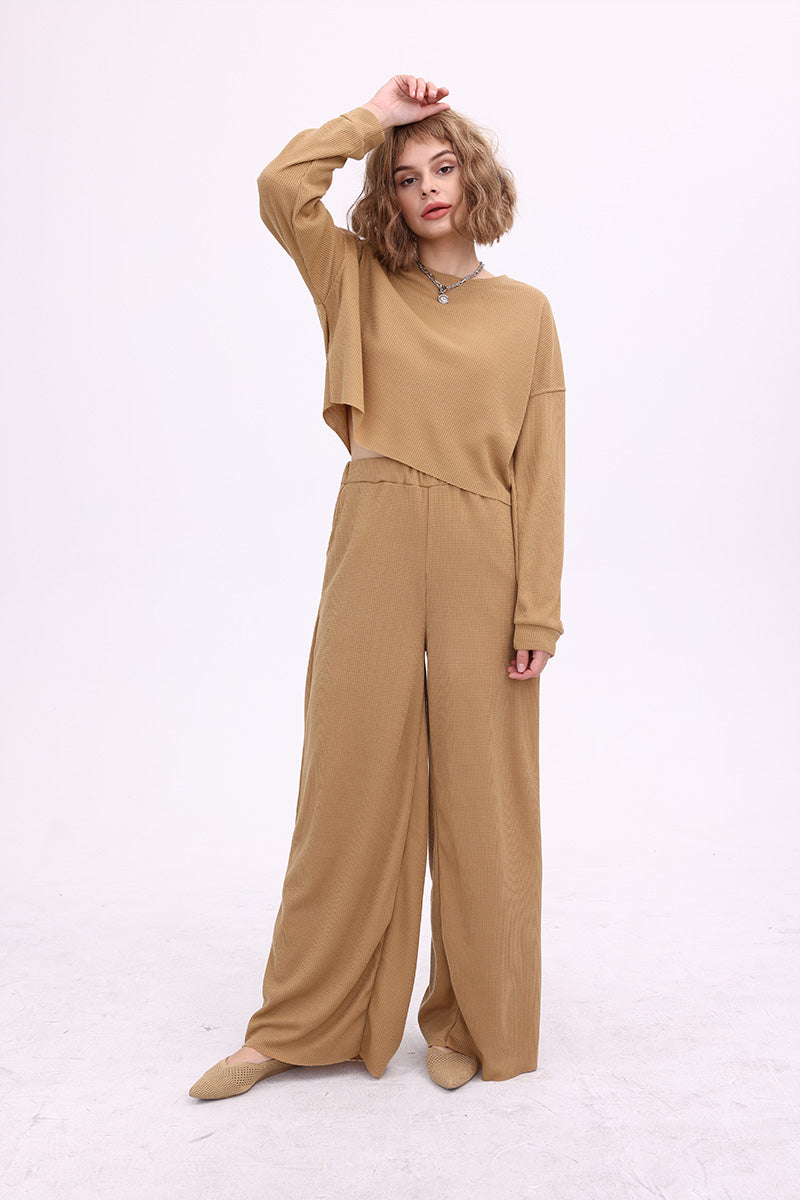 Esther | Solid color waffle sweater top and wide knit pants