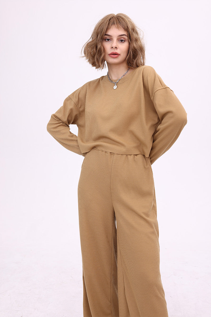 Esther | Solid color waffle sweater top and wide knit pants