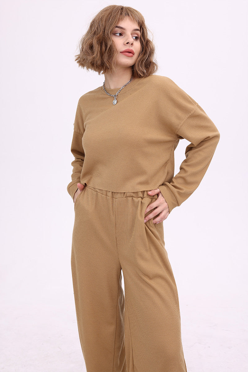 Esther | Solid color waffle sweater top and wide knit pants
