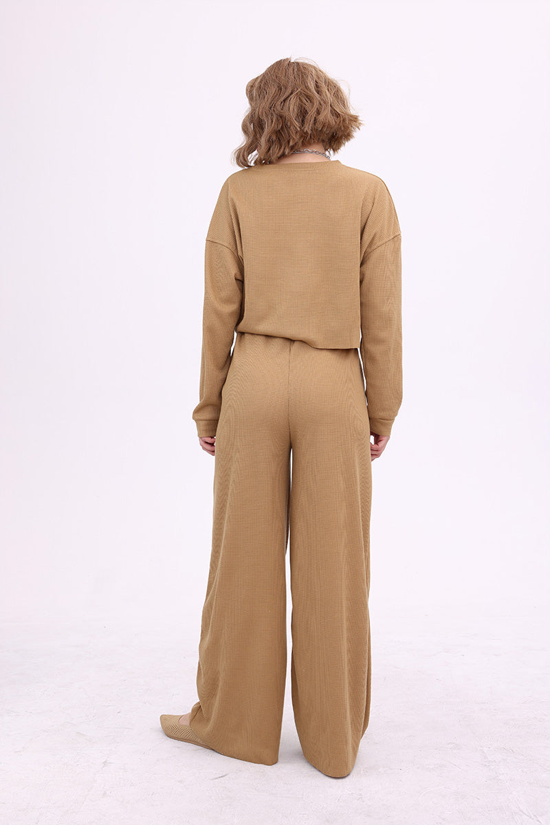 Esther | Solid color waffle sweater top and wide knit pants