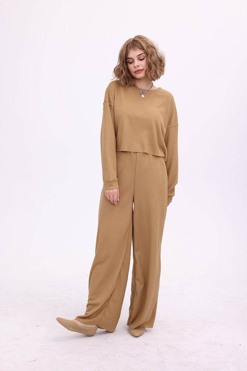 Esther | Solid color waffle sweater top and wide knit pants