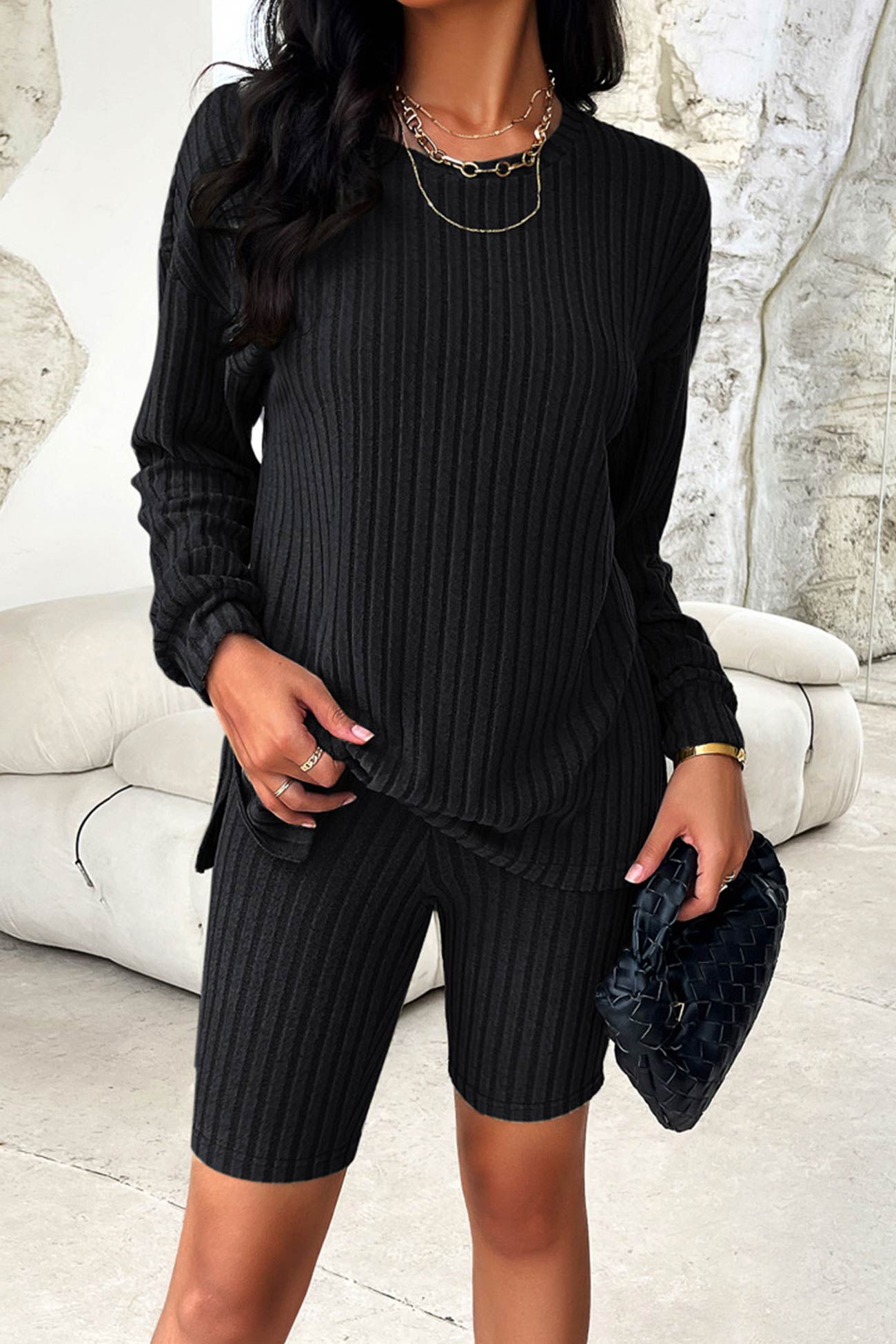Simone | Solid ribbed knit top and shorts set